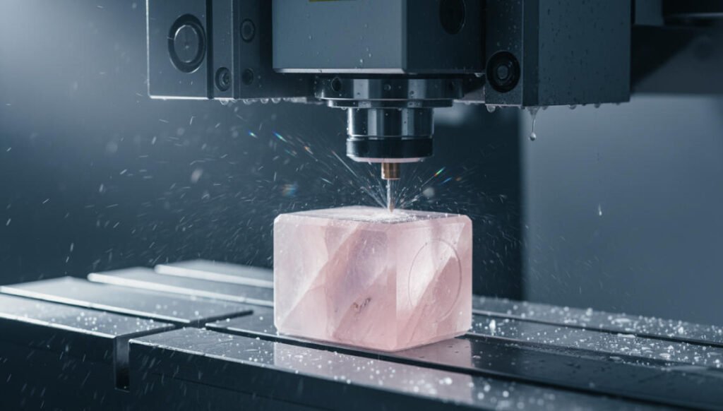 A piece of rose quartz is being carved into a perfume bottle cap.