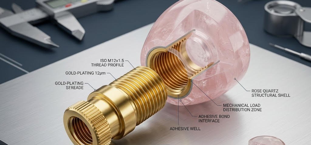 The rose quartz perfume bottle cap is currently undergoing internal metal thread assembly.