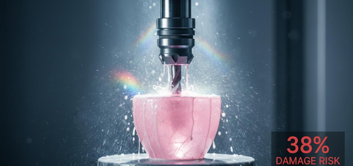 The rose quartz perfume bottle cap is undergoing internal drilling.