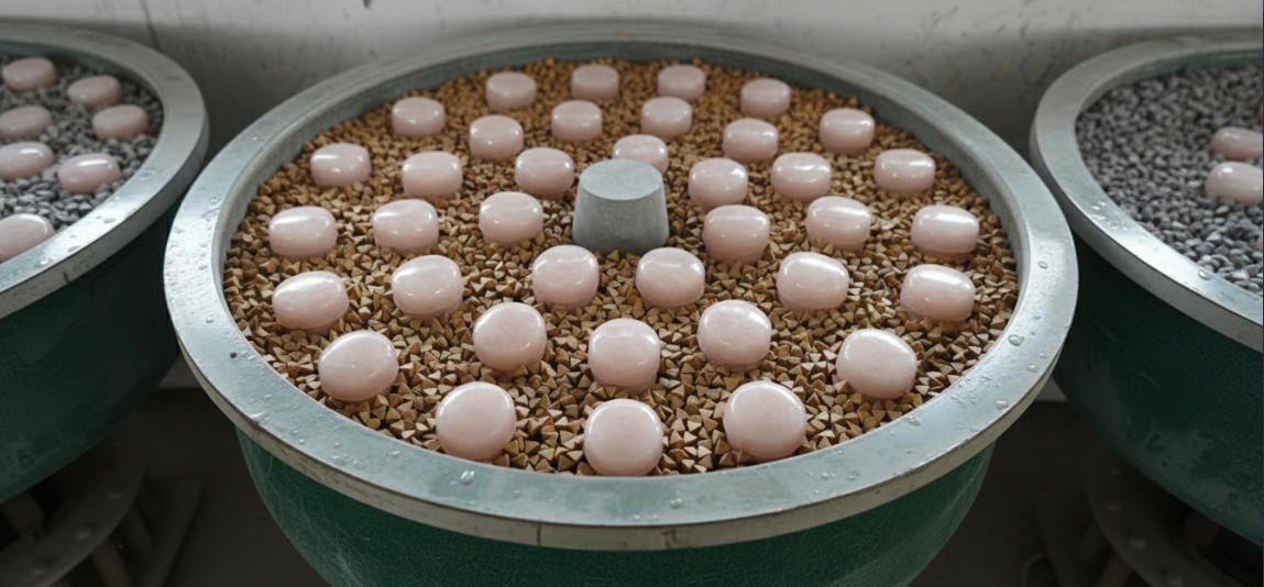 The rose quartz perfume bottle cap is currently being polished.