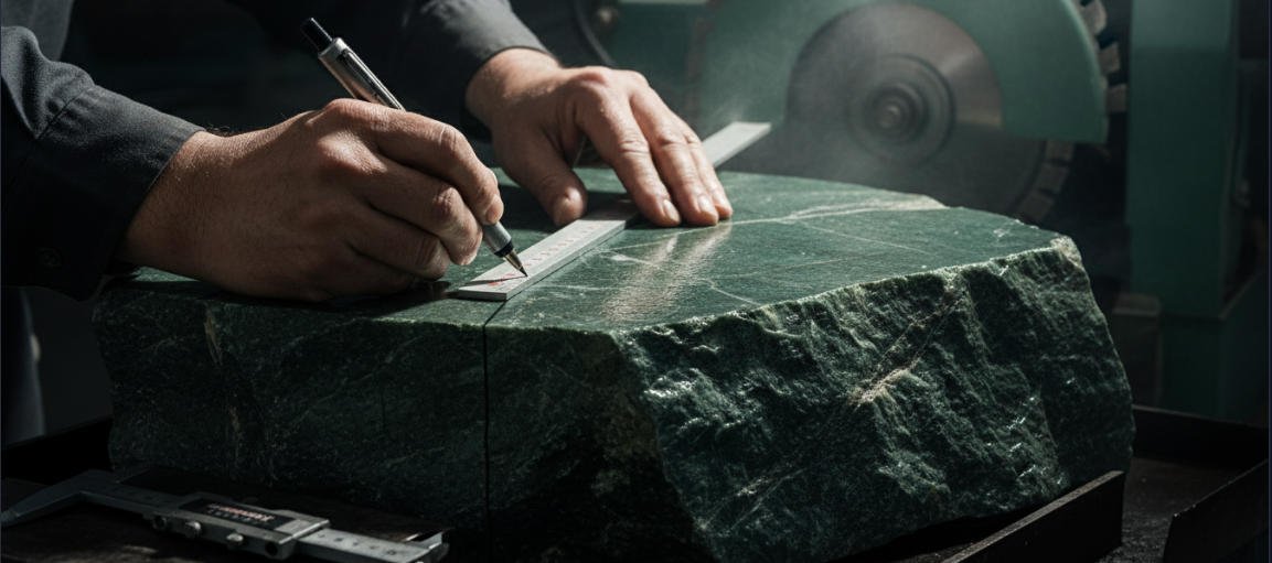Measuring the raw material for a crystal perfume bottle cap after cutting.