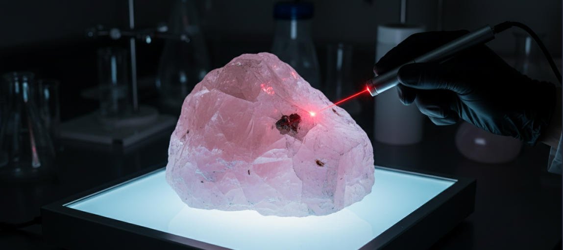 A perfume bottle manufacturer is inspecting a piece of raw rose quartz.