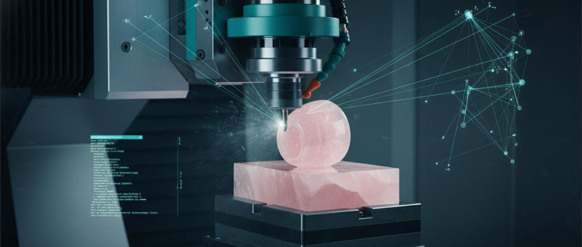 The rose quartz perfume bottle cap is currently being carved.