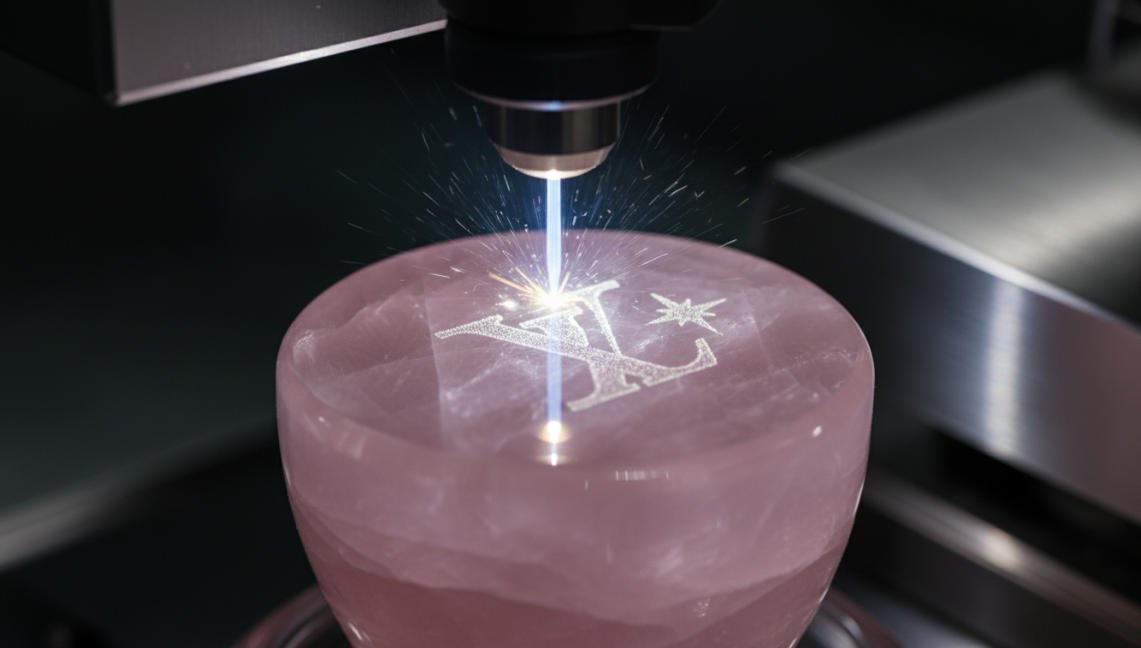 A rose quartz perfume bottle cap undergoing logo engraving.