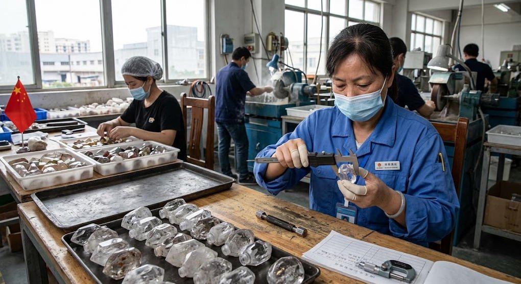 Crystal perfume bottle caps undergo quality inspection